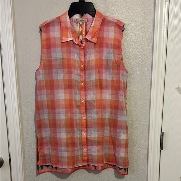 Johnny Was Workshop Cotton & Silk Sleeveless Plaid Mix Floral Button-Up Shirt - Picture 1 of 6